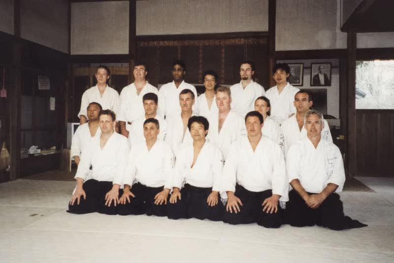 A print from the Iwama years: the group inside the dojo with Takayasu Sensei