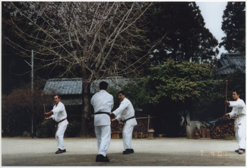Weapons practice in the yard at Iwama