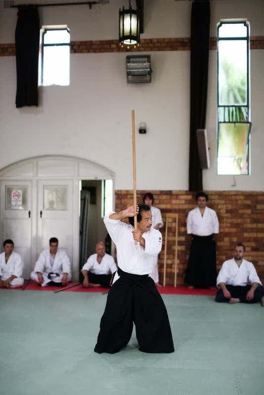Takayasu Sensei in hasso kamae with the jo at a seminar at the Ku-ring-gai dojo
