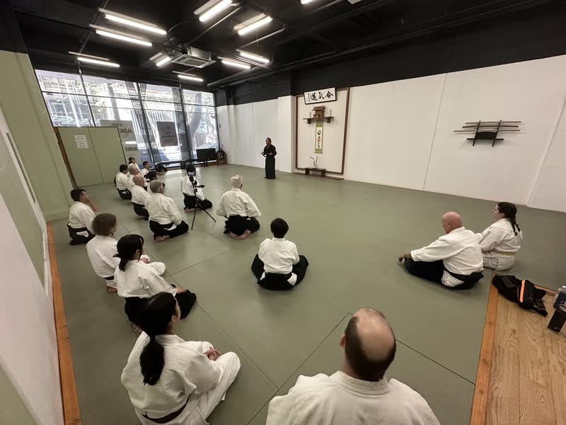 Takayasu Sensei explaining to the class seated around the mat