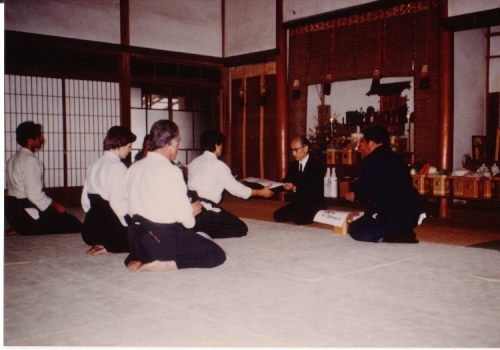 Derek Minus receiving Certificate from 2nd Doshu, Iwama