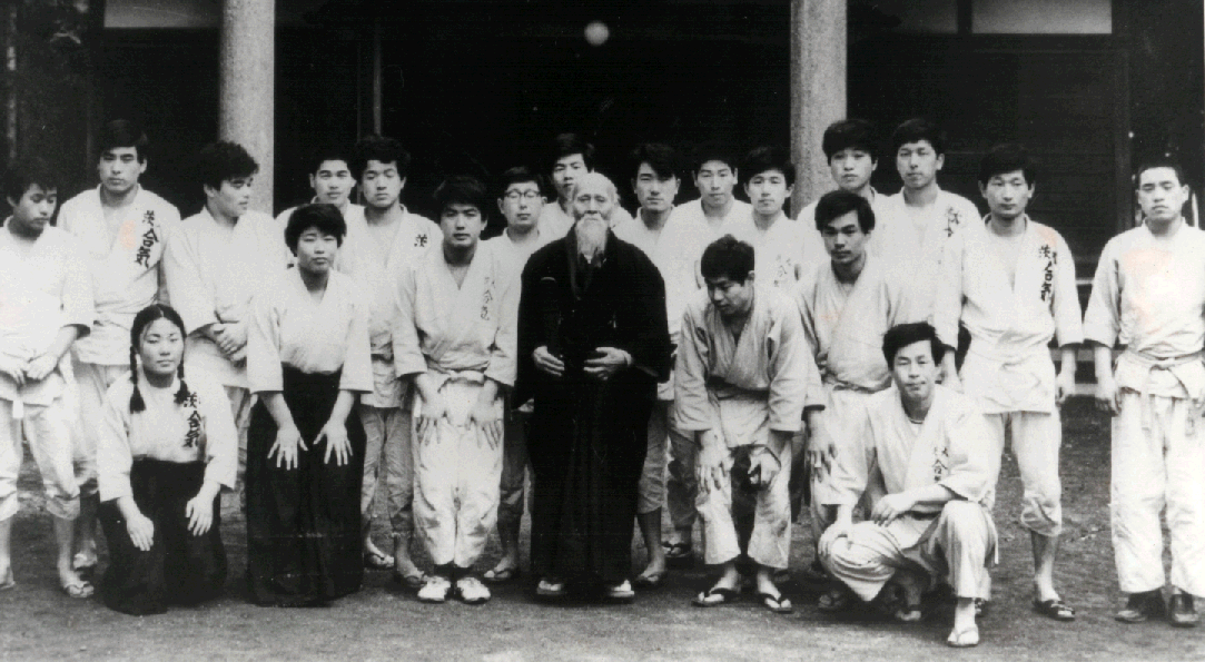 O-Sensei with University group at Aiki Shrine, Iwama, 1967