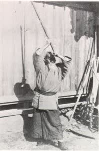 O-Sensei demonstrating sword posture, Iwama