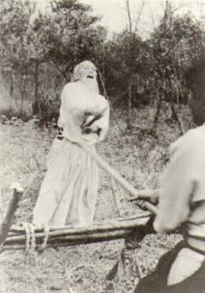 O-Sensei teaching sword in Iwama, with Saito Sensei, 1960&rsquo;s