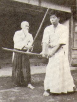 O-Sensei teaching sword in Iwama, with Saito Sensei, 1950&rsquo;s