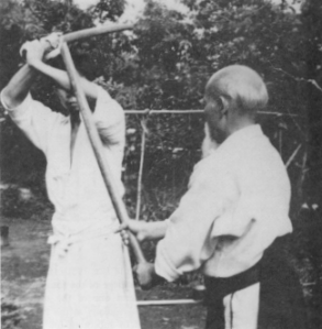 O-Sensei teaching sword in Iwama, with Saito Sensei, 1950&rsquo;s