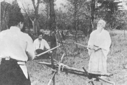 O-Sensei teaching sword in Iwama, with Saito Sensei, 1950&rsquo;s