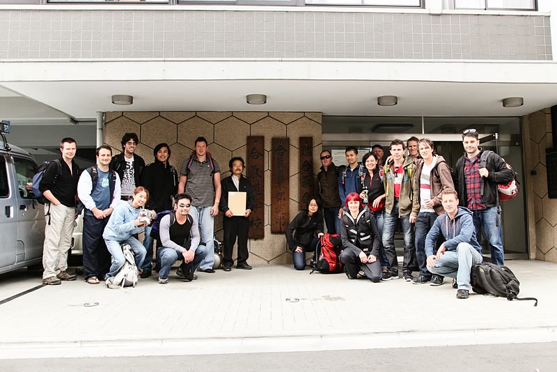 Group photo outside Hombu Dojo. Takayasu Sensei holding the envelope containing his 7th Dan certificate.