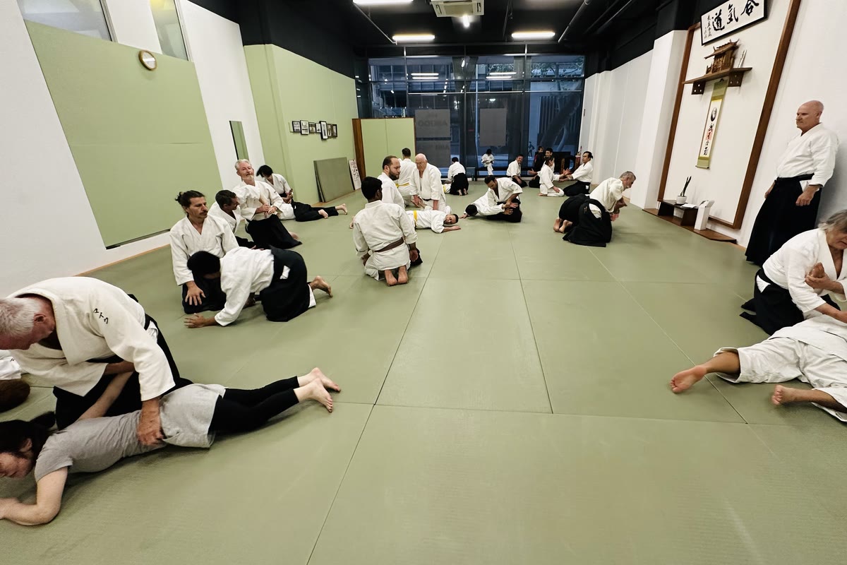 A full mat of students working in pairs at the North Sydney dojo